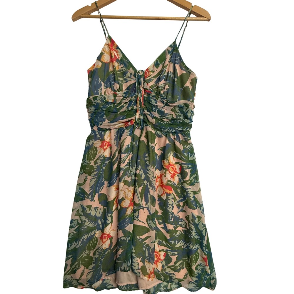 Kimchi Blue Tropical Floral Sundress Size‎ 10 Pink Green Ruched Mini Dress